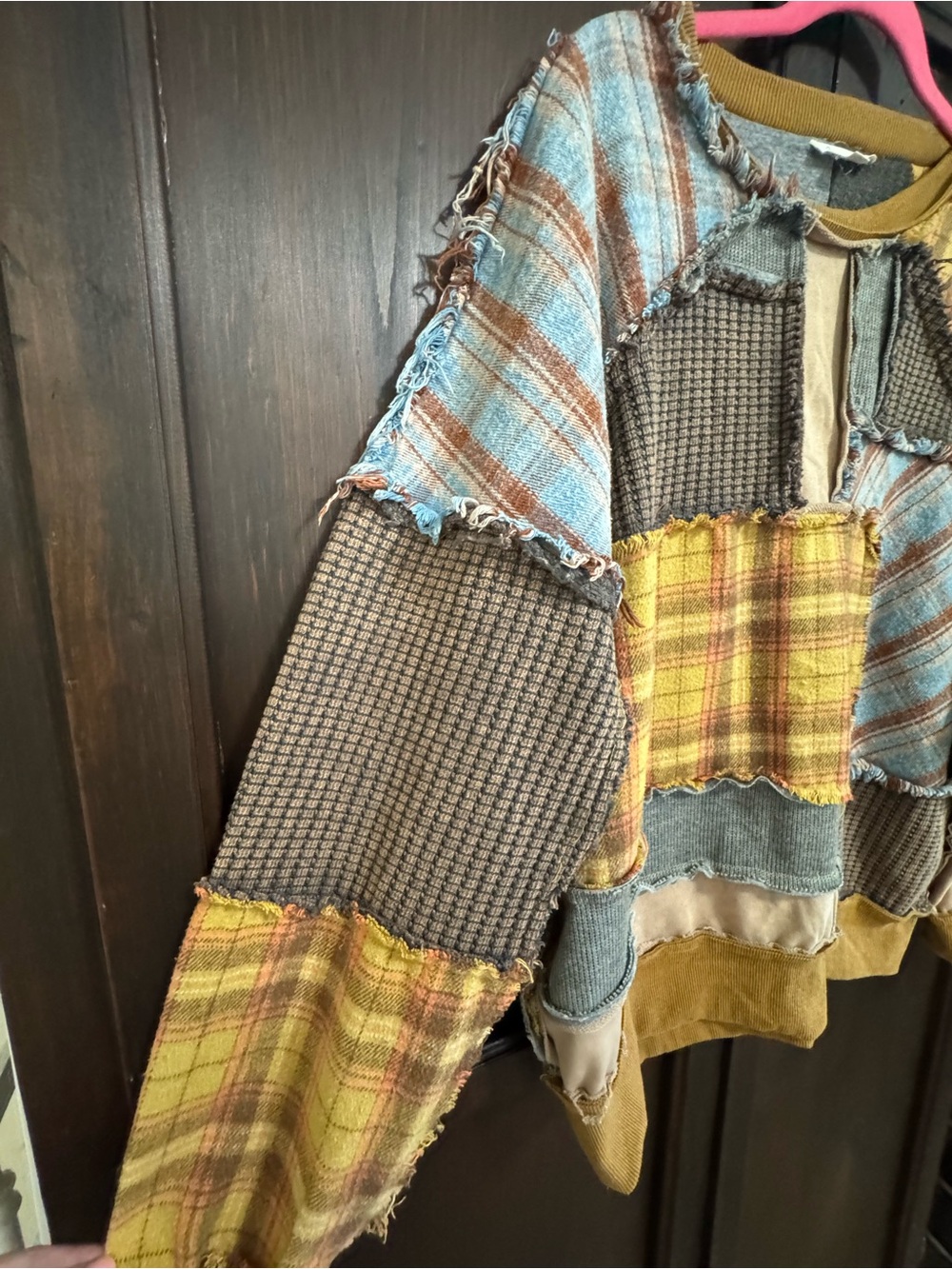 Oli & Hali Patchwork Plaid Pieced Mixed Texture Pullover Sweatshirt Yellow Multi - Picture 4 of 9